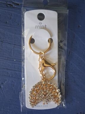 Mint Gold Peacock Crystal Keychain Charm